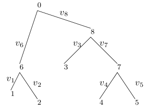 The tree on which we introduce the Felsenstein algorithm. Evolutionary times are denoted with v s on the edges of the tree.